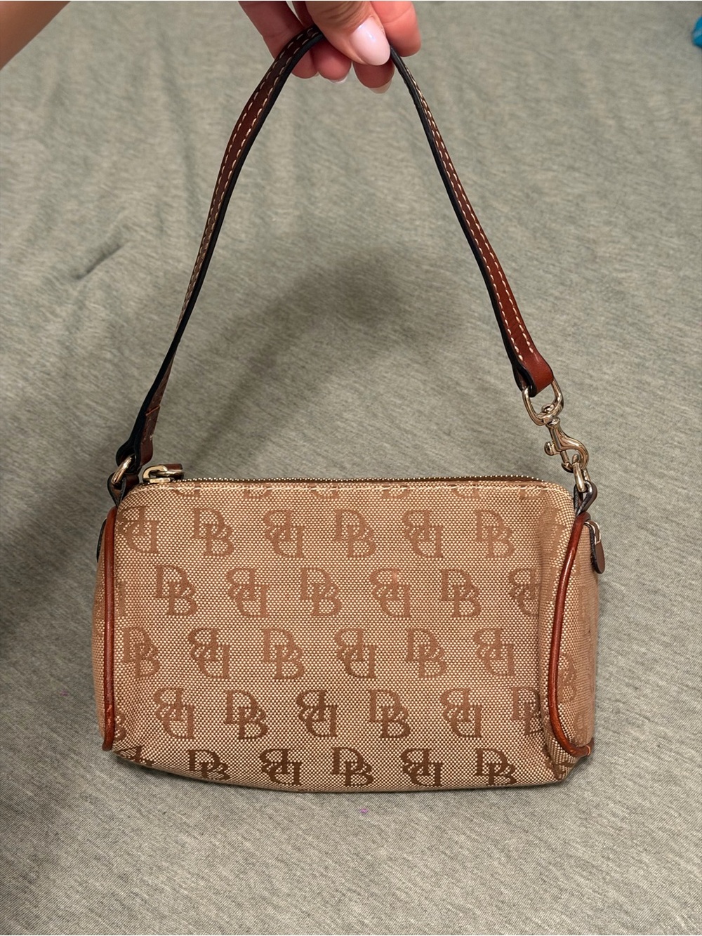 Dooney & Bourke Tan Monogram Mini Shoulder Bag with Brown Trim